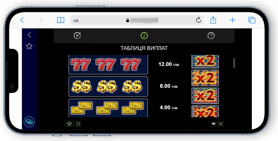 Таблиця виплат у слоті Supreme Hot на мобільному пристрої, що показує значення символів: сімки, долари, BAR та множники х2.
